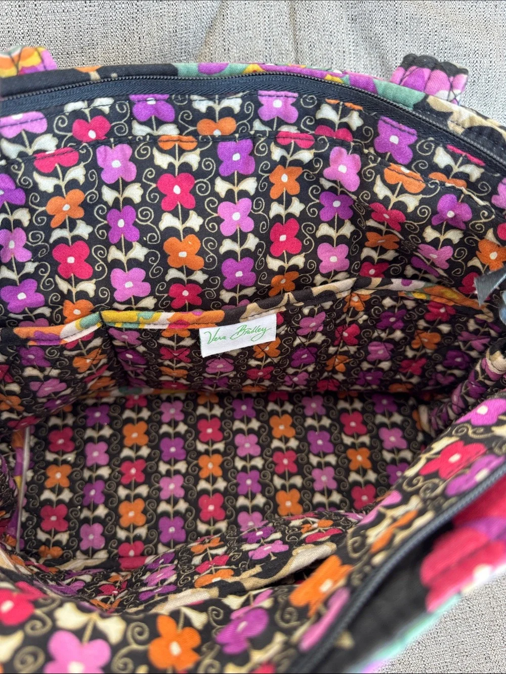 Vera Bradley Black Quilted Floral Tote with Purple, Pink & Orange Accents